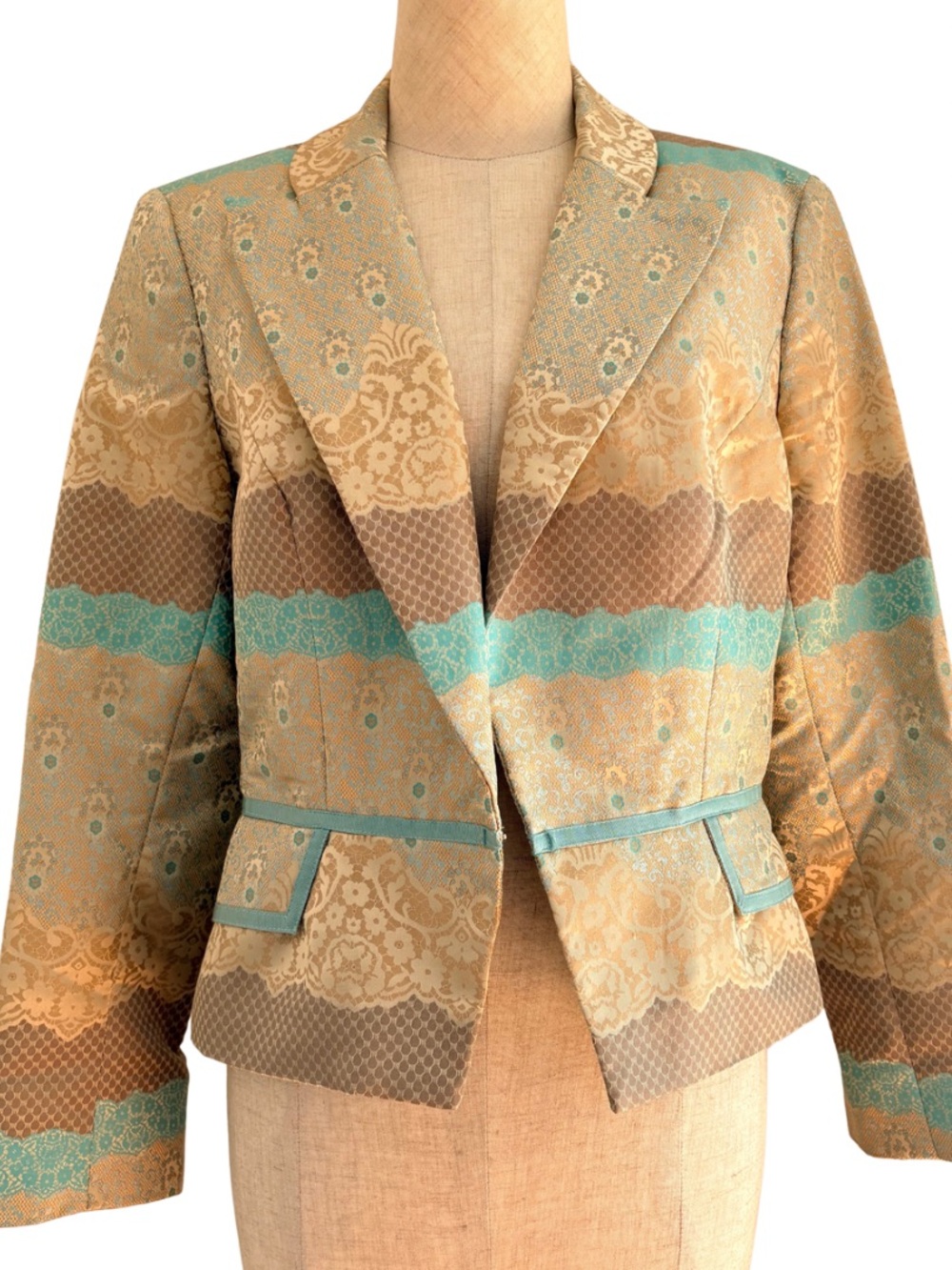 Alberto Makali Fitted Blazer Women's VTG Cream Blue Jacket Lace Floral Print y2k
